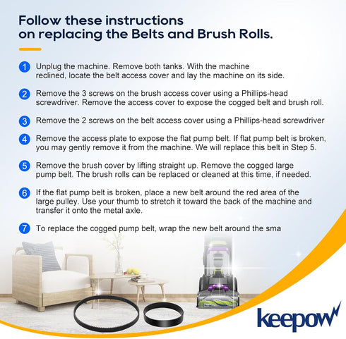 KEEPOW Replacement Belts Set for Bissell 3071 PowerForce, TurboClean DualPro Pet Carpet Cleaner (2+2 Pack)