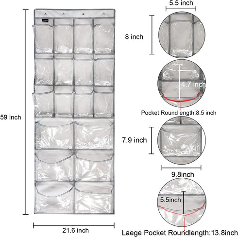 1 Pack Extra Large Hanging Crystal Clear Over Door Shoe Organizer, Closet Shoe Rack with 12+6 Pockets, Grey