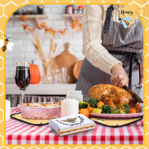 Leinuosen 8 Sets Sets Pcs Yellow Bee Kitchen Towels and Dishcloths Oven Mitts and Pot Holders Absorbent Kitchen Gloves