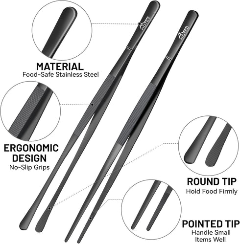Hotec Kitchen Tweezers, Stainless Steel Fine Kitchen Tongs, 12-Inch Extra-Long Cooking Tweezers Set of 2