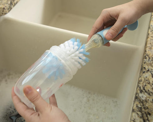 2 1 Nuby Easy Clean Dispensing Soft and Durable Bristle Bottle Brush with Textured Handles and Suction Base, in System