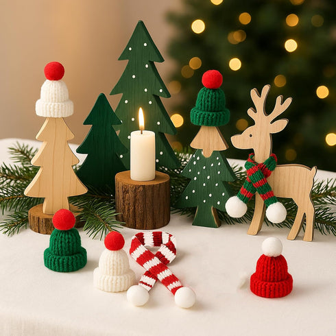 Bonviv 30 Set Pcs Mini Christmas Hats and Scarf Small Santa Hats for Crafts, Mini Santa Hats for Dolls, Mini Snowman
