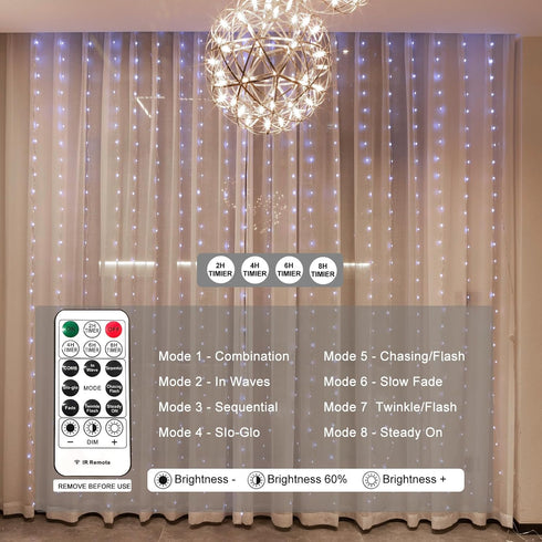 Upgrade 300LED White Curtain Light, 9.8ft x 9.8ft Copper Wire String Lights, USB Plug Hanging Window Fairy Lights