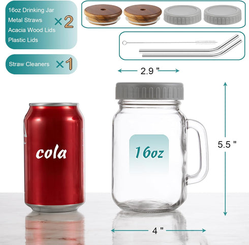 16 oz Set 2, DRASTAR Iced Coffee Cup, Mason Jar Cups with Handle, Small Glass Coffee Mugs with Straws and Acacia Lids
