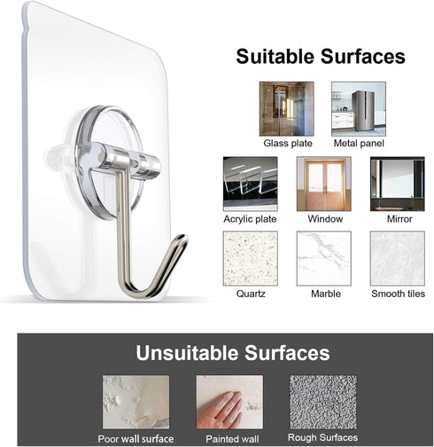 Adhesive Hooks Removable Wall Hooks, 13 LB Ceiling Hook, Transparent Seamless Waterproof, 10 Pack