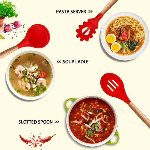 MIBOTE 17 Pcs Silicone Cooking Utensils Kitchen Utensil Set - 446°F Heat Resistant,Turner Tongs, Spatula, Spoon, Whisk, Wooden Handle Kitchen Gadgets with Holder for Nonstick Cookware Christmas (Red) by MIBOTE