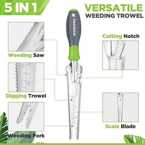 WORKPRO Hand Weeder Puller, 5-in-1 Stainless Steel Garden Trowel with Soft Handle for Easy Weeder Removal, Planting,