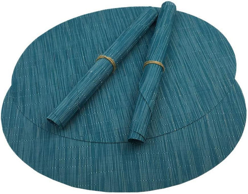 Red-A Imitation Bamboo Oval Woven Vinyl Placemats, Heat Resistant Washable Table Mats for Kitchen Table Set of 4, Blue