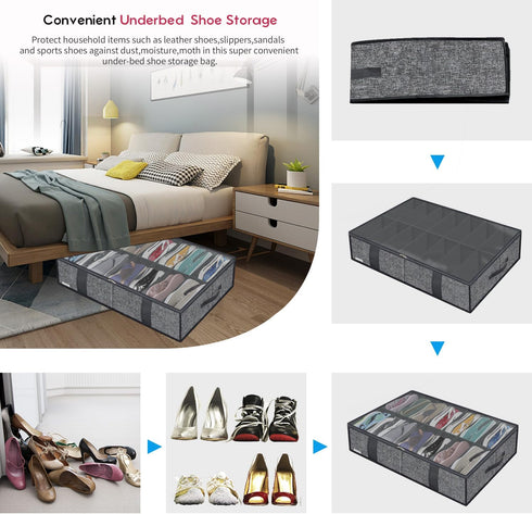 Large Under Bed Boots Shoes Storage Organizer Set of 2 (14+4 Pairs), Heavy Duty Foldable Fabric Shoe Container Box with