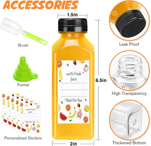Leaflai 12oz 6 Juice Bottles - Bottles with Lids, pcs Plastic Juice Containers with Caps Reusable Drink Containers