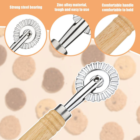 Pastry Cutter Wheel with Wooden Handle, Fluted Ravioli Crimper, Pizza Dumpling Cutter for Home and Kitchen