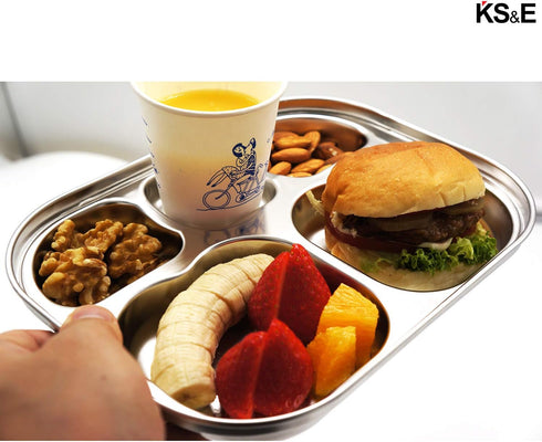 Korean Stainless Steel Divided Plates by KS&E, BPA Free, 5 Compartment Plate Silver, Set of 2