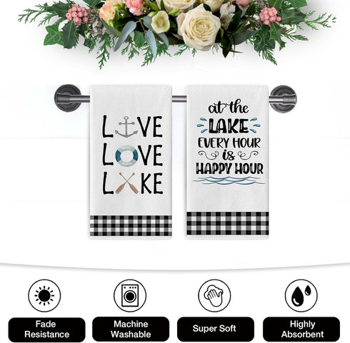 Seliem Live Love Lake House Kitchen Dish Towel Set of 2 - Black White Buffalo Plaid Check Anchor Paddle Hand Drying