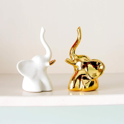Home Decor Elephant Statues - 1 Pair of Small Decorative Accents for Living Room and Bedroom, Gold and White