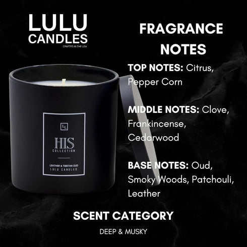 Lulu Candles Leather & Tibetan Oud - His Collection, Luxury Scented Soy Jar Candle, Hand Poured in the USA, 9 Oz.