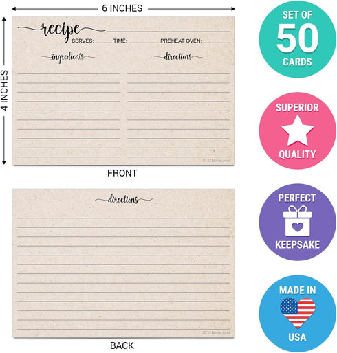 321Done Recipe Cards, Made in USA - 4x6 Tan, Simple Script, Double-Sided Thick Cardstock, Cute Vintage Rustic Kraft Look for Bridal Shower Wedding Housewarming Gift - Pack of 50 by 321Done