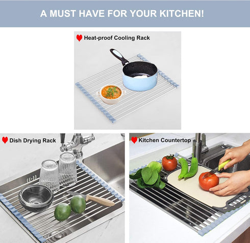 Over The Sink Dish Drying Rack - Roll Up Stainless Steel Kitchen Dish Rack, Foldable Dish Drainer, Gray