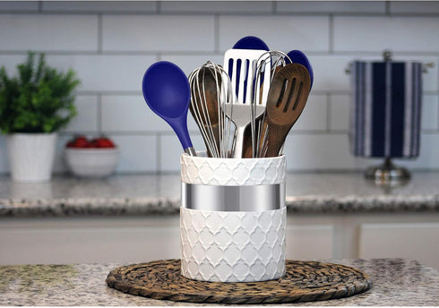 Home Acre Designs Large Ceramic Kitchen Utensil Holder, Farmhouse Countertop Crock in White/Silver