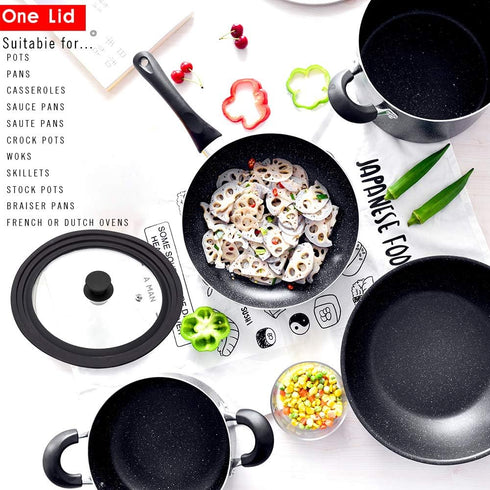 Universal Lid for Pots, Pans, and Skillets, Tempered Glass with Heat Resistant Silicone Rim, Black