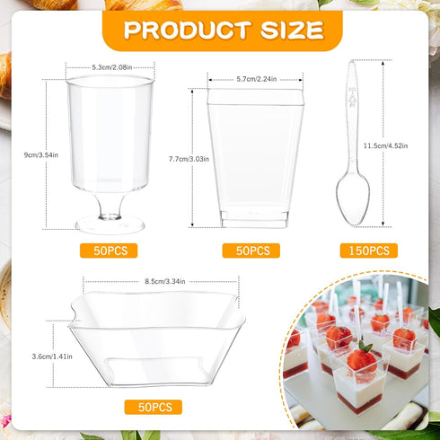 300 Packs 5oz 3 tchrules Dessert Cups with Spoons, Styles Mini Plastic Appetizer Cups, Clear Parfait Cup for Party