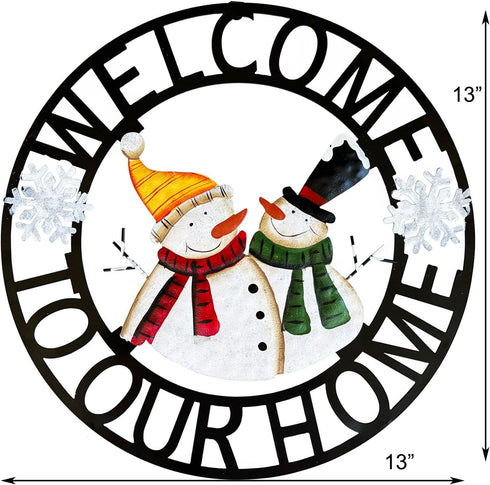 Welcome to Our Home Rustic Metal Snowmen Hanging Welcome Signs for Front Door Wreaths and Garden Decor