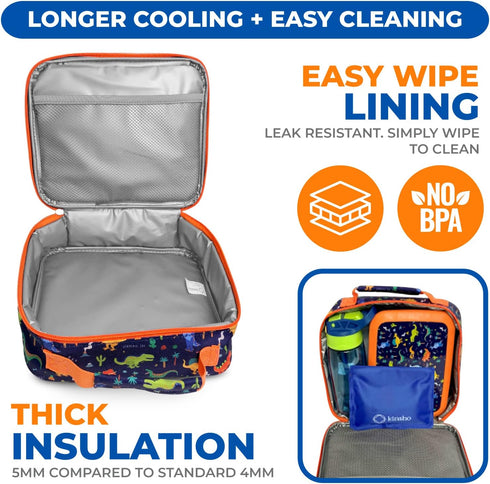 Dinosaur Lunch Box for Boys with Ice Pack, Insulated Bag for Toddlers Kids, BPA Free, Blue Orange Dino