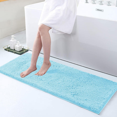 smiry Luxury Chenille Bath Rug 47''x17'', Extra Soft Non-Slip Plush Carpet Runner for Bathroom, Sky Blue