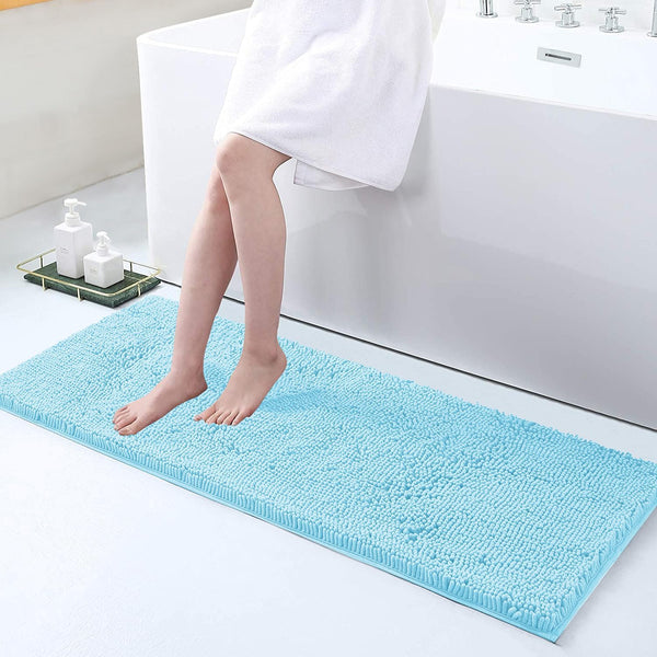 smiry Luxury Chenille Bath Rug 47''x17'', Extra Soft Non-Slip Plush Carpet Runner for Bathroom, Sky Blue