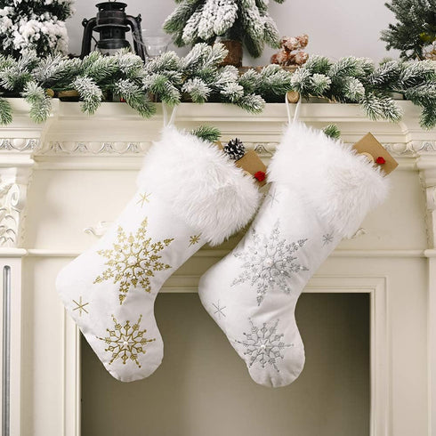 Comfy Hour Let It Snow Collection 18"x11" Christmas Winter Snowflake Stocking, Soft Plush Velvet, White and Gold