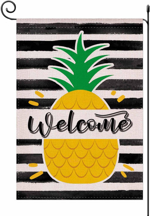 Welcome Summer Pineapple Stripes Garden Flag, Double Sided Burlap Flag for Yard Lawn Outdoor Decor