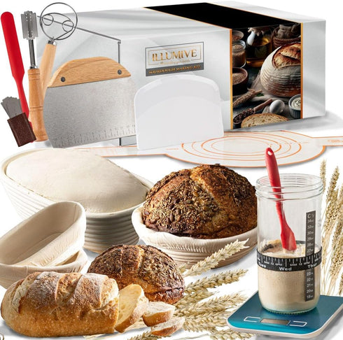 Illumive Sourdough starter kit, Inclusive sourdough bread baking supplies. Sourdough Starter Jar, banneton