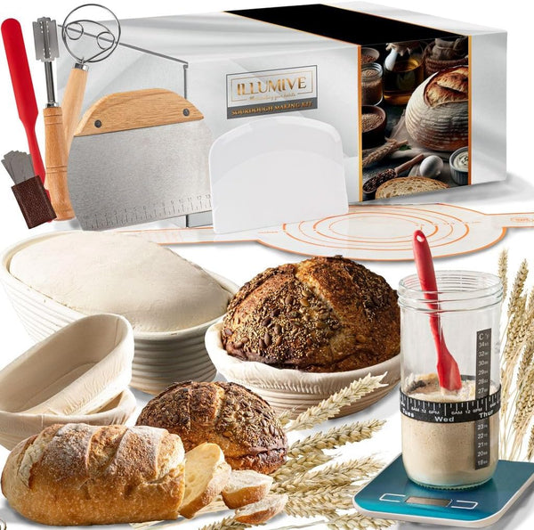 Illumive Sourdough starter kit, Inclusive sourdough bread baking supplies. Sourdough Starter Jar, banneton