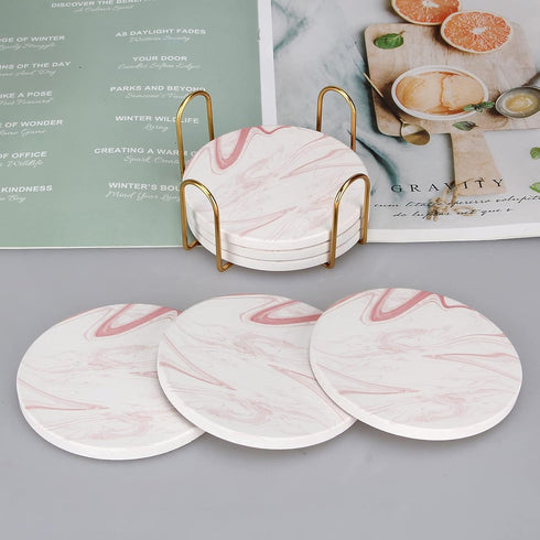 Set 6 Pack Cute Pink Marble Coasters of Stone Coffee Table Decor Absorbent Ceramic Cup Coaster with Holder Decorative