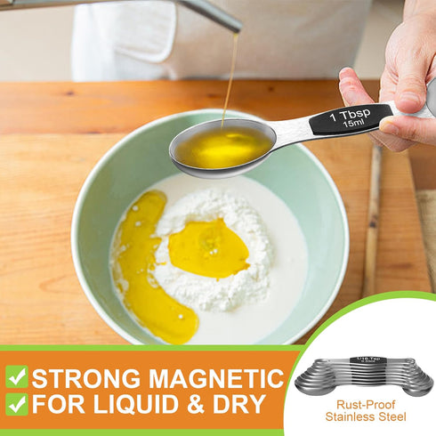 Magnetic Measuring Spoons Set - Wildone Stainless Steel Double Sided Set of 7 Black for Dry & Liquid Ingredients