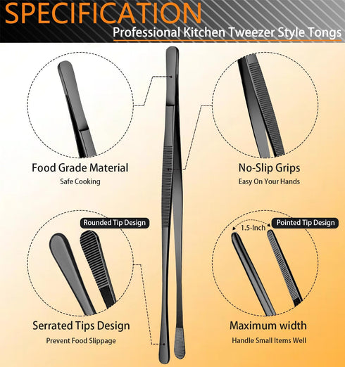 JETKONG 6 Pcs Cooking Tweezer Tongs, 12'' and 6.3" Stainless Steel Kitchen Tweezer Set, Professional Chef Tweezers for Cooking, Repairing, Sea Food, BBQ, Multi-use (Black) by JETKONG