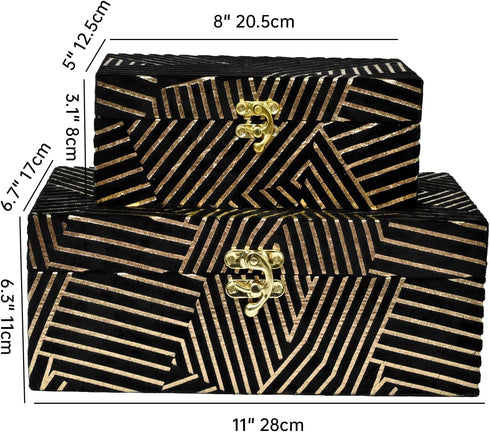 Velvet Decorative Boxes Storage Accessory Organizer with Gold Stripe, Set of 2, Black