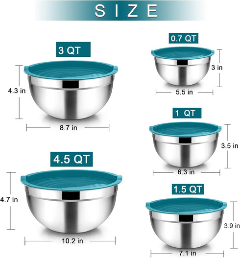 TeamFar Mixing Bowl Set of 5, Stainless Steel 4.5/3/1.5/1/0.7 QT Metal Nesting Salad Bowls with Lids, Ideal for Mixing Serving Tossing, Non-Toxic & Sturdy, Airtight Lid & Easy Clean, Blue by TeamFar