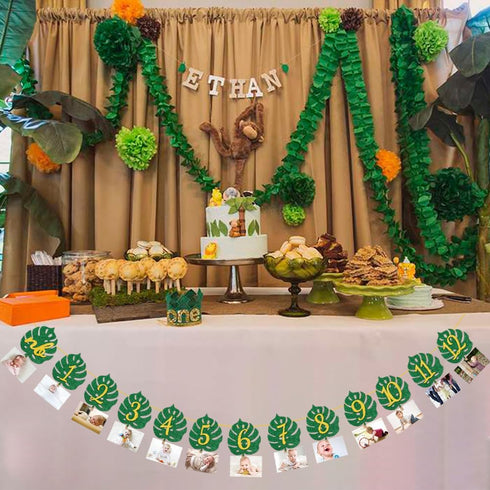 MATTTIME Tropical 12 Month Leaf Banner, 1st Birthday Glitter Jungle Safari Wild One Monthly Photo Prop Decoration
