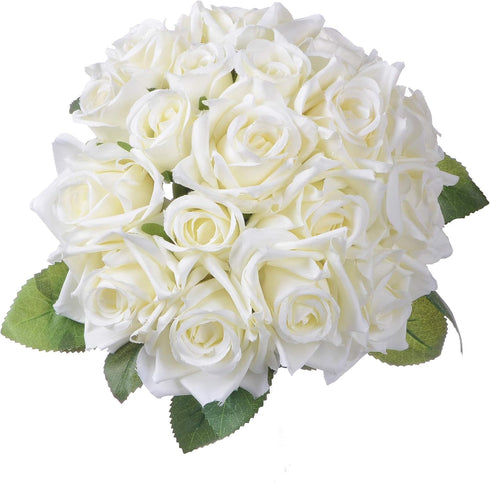 Artificial Flowers Rose Bouquet - 2 Pack Fake Silk Plastic White Roses, 18 Heads for Wedding Decoration