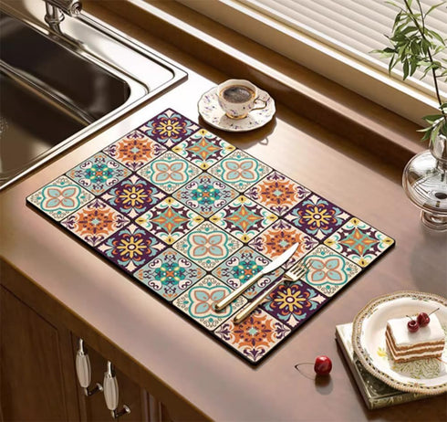Cute Coffee Maker Mat for Countertops, Colorful Dish Drying Mat for Kitchen, Absorbent Quick Drying 16 X20 inch