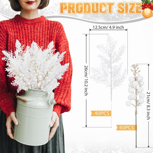 80 Cindeer Pcs White Christmas Glitter Berries Stems Pine Needles Christmas Artificial Picks Fake Floral Twig Spray