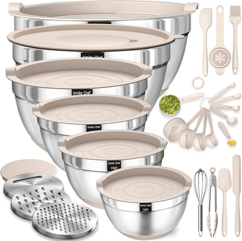 Mixing Bowls Set with Airtight Lids, 26PCS Stainless Steel Khaki Bowls with Grater Attachments, Non-Slip Bottoms