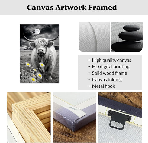 ZXHYWYM Highland Cow Canvas Wall Art, Black and White Cattle and Full Moon Pictures for Home Decor Framed 12" x 18"