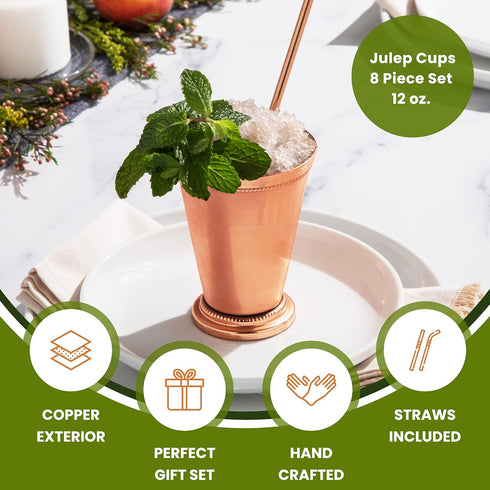 Sol Living Mint Julep Cups Set of 4, 12 oz Stainless Steel Lining Copper Cups for Cocktails and Mixed Drinks Barware Set