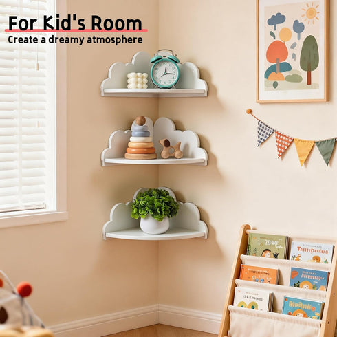 ShelvesSet 3 Cloud Corner Floating of White Corner Wall Shelf Floating Wooden Cute Wall Mounted Shelves Clouds Dispaly
