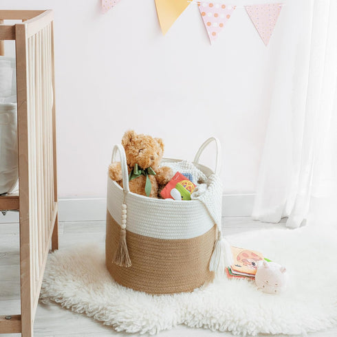 Mkono Woven Storage Basket, Small Decorative Rope Basket for Blankets, Toys, Clothes, 11" W x 11"L, White and Yellow