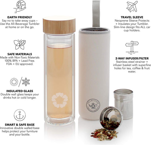 15 oz 450 ml Teabloom All-Beverage Tumbler / Tempered Glass Travel Bottle Hot and Cold Tea Infuser Cold-Brew Coffee
