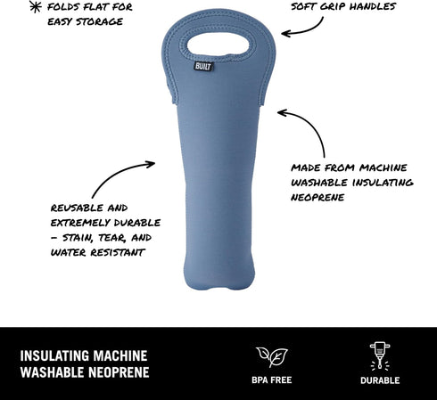 BUILT One Bottle Insulated Wine Tote, Lightweight, Tear- and Water-resistant Carrier for Home Travel, Pacific Blue