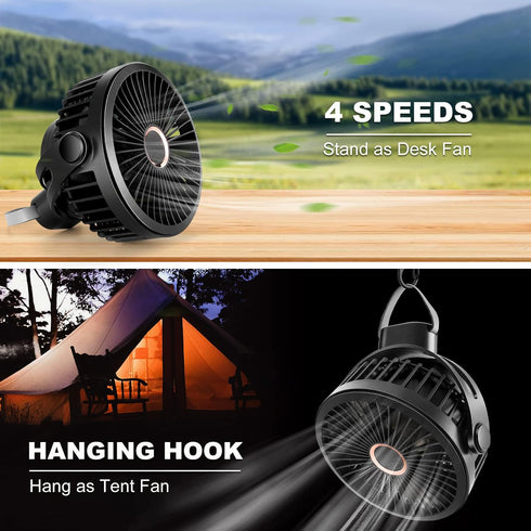 Odoland 2 Packs 10000mAh Camping Rechargeable Fan with Hanging Hook, Portable Battery Operated Tent Fan