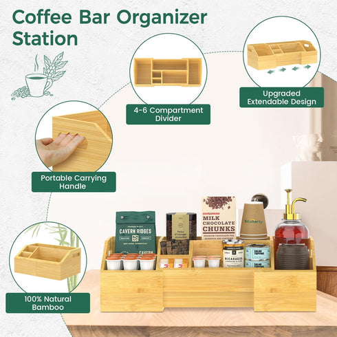 Countertop, EsLuker.ly Coffee Station Organizer Bamboo Extendable Coffee Bar Caddy Condiment Storage, Pods Holder